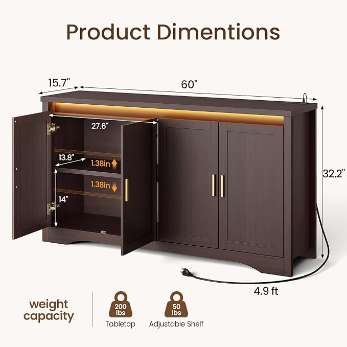 60'' Sideboard Buffet Cabinet - Image 2