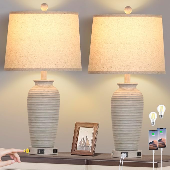 CINSARY 25" Farmhouse Jar Table Lamps Set of 2, 3 Way Touch Control Rustic - Image 8