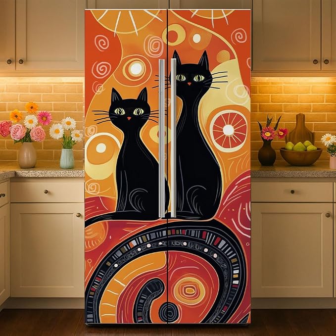 2 Pcs Black Cat Sun Removable Refrigerator Wraps, Self-Adhesive Artistic Cat by GOMAKERER