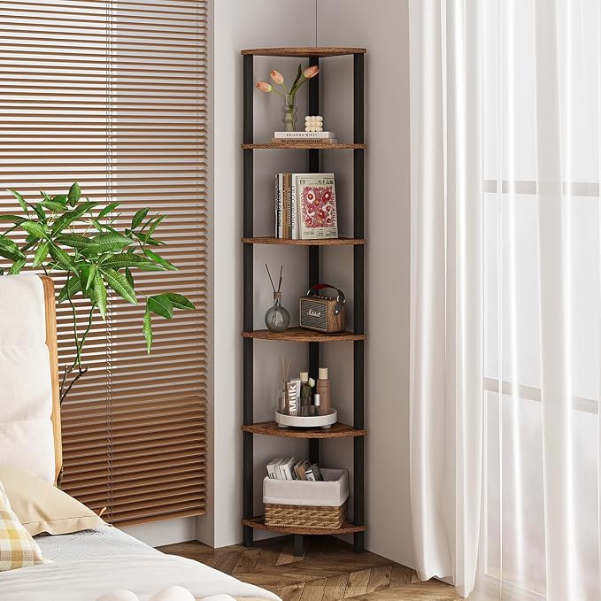 VIMBER Corner Shelf, 6-Tier Corner Bookshelf, Industrial Corner Ladder Shelf - Image 7