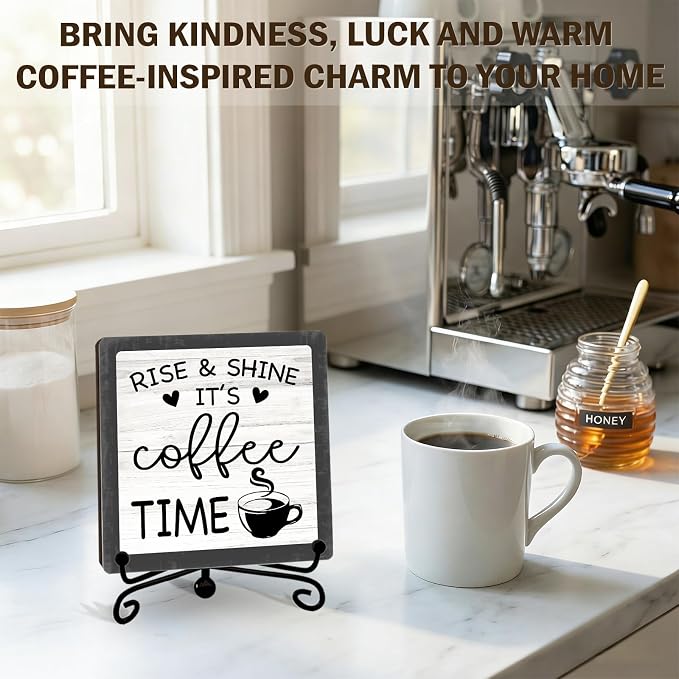 Funny Coffee Bar Decor, Rise & Shine It's Coffee Time Wood Plaque - Image 3