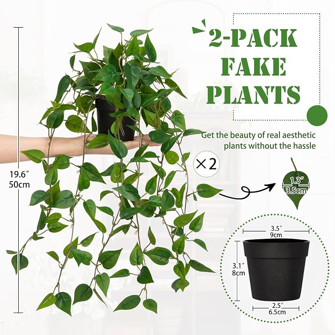 2 Pack Fake Hanging Plants for Shelf in Back Pot, Small Artificial Hanging Ivy - Image 2