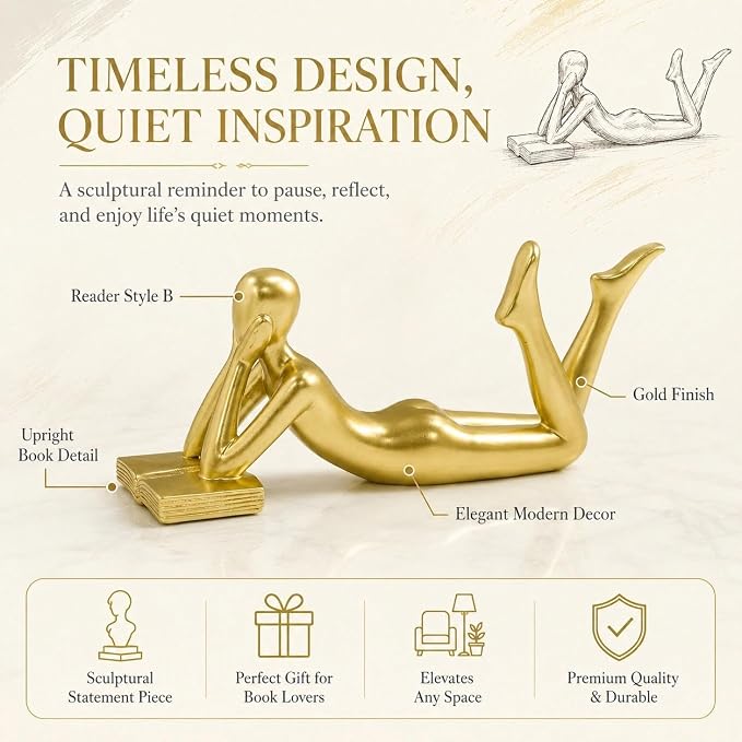 Gold Reading Statue Style B, Abstract Reader Figurine, Resin Book Decor - Image 7