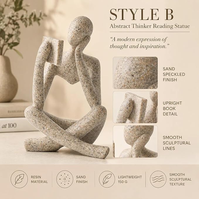 Bookshelf Decor Thinker Statue, Sand Abstract Reading Figurine, Resin - Image 5