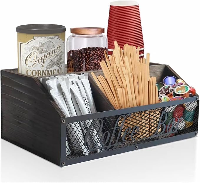 Coffee Station Organizer, Rustic Farmhouse Wood Condiment Storage Basket by DearyHome