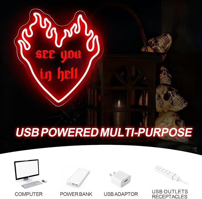 See You In Hell Neon Sign, 13.8" x 13" Red Flame Heart LED Light - Image 6