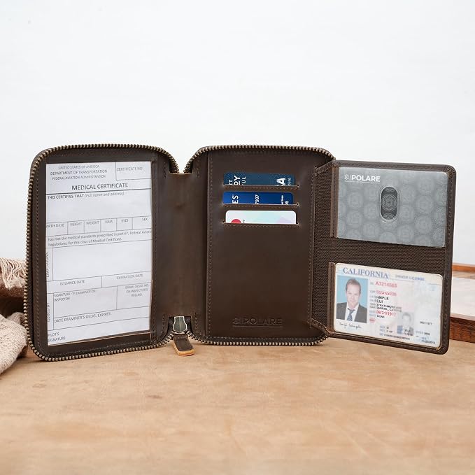 Polare Leather Pilot Wallet Passport Holder RFID Blocking Tri-fold Travel Cover - Image 6