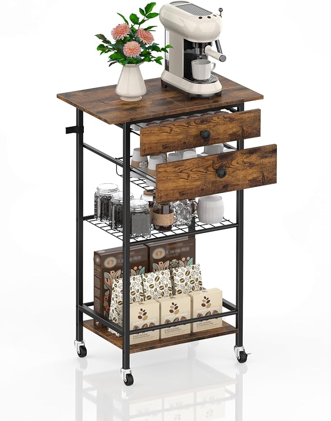 ETELI Coffee Cart Station with Lockable Wheels 5 Tier Coffee Station Organizer by ETELI