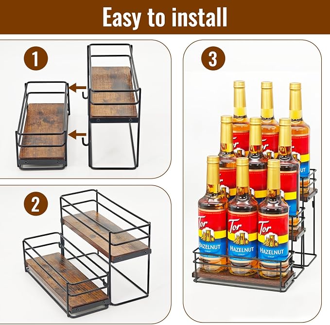9 Bottle Coffee Syrup Organizer Rack, 3 Tier Coffee Syrup Bottle Stand Holder - Image 6