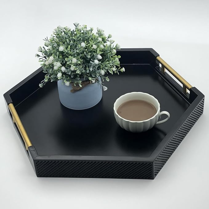 Serving Tray with Polished Metal Handles, Hexagon Coffee Table Tray, Modern by thewense