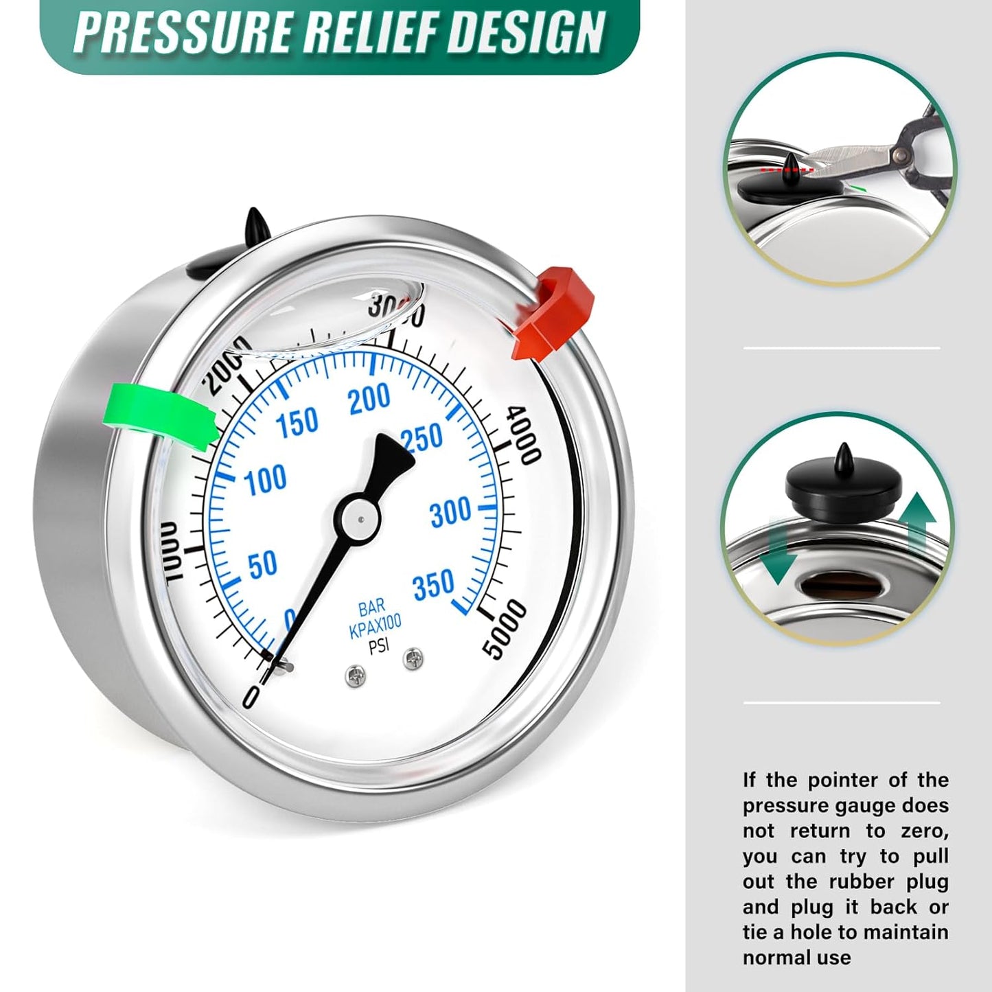 0-5000psi Stainless Steel Glycerin Liquid Filled Pressure Gauge 1/4" NPT 2.5" Face Dial Center Back Mount, for Water, Oil and Air Pressure Testing (with Range Mark Pointer)