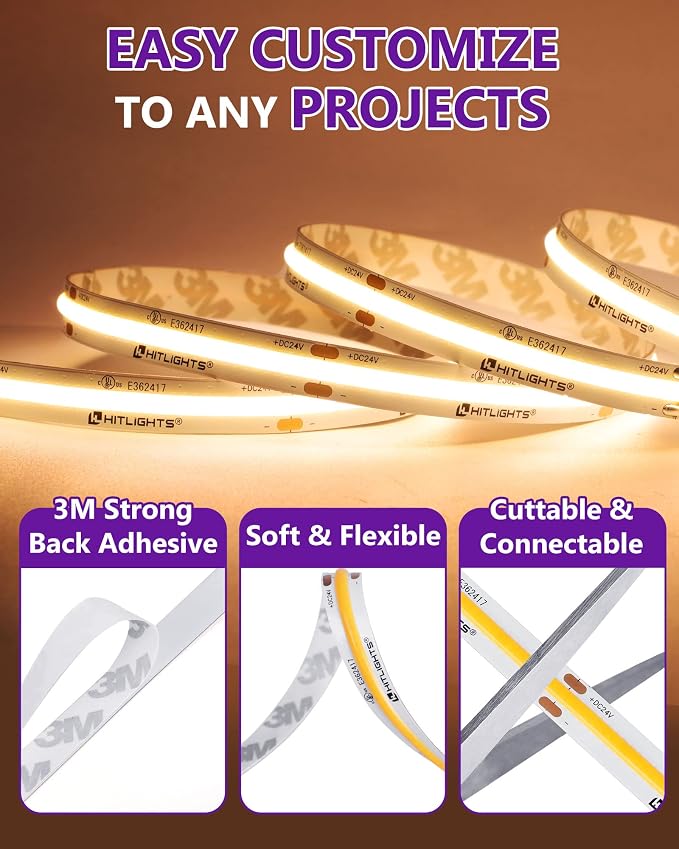 HitLights COB LED Strip Lights Warm White 3000K, 16.4ft Premium High Density - Image 6