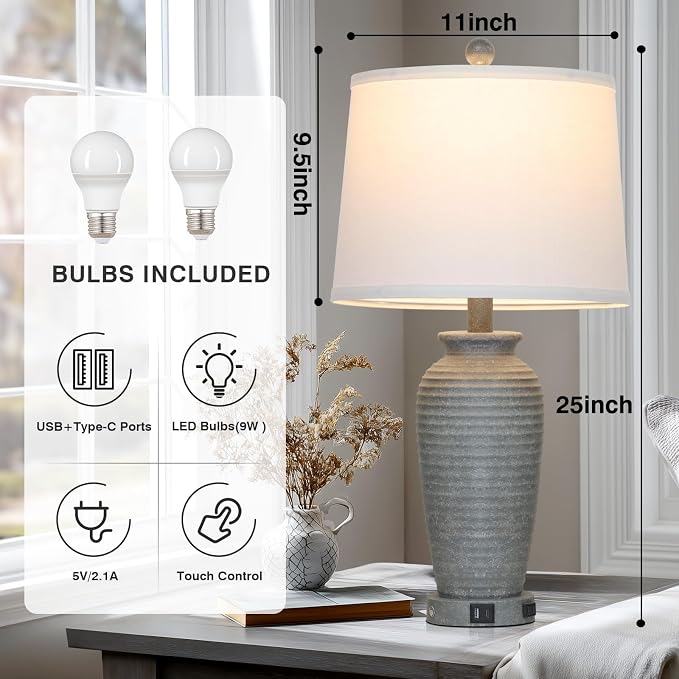 CINSARY 25" Grey Farmhouse Jar Table Lamps, 3 Way Touch Control Rustic Bedside - Image 4