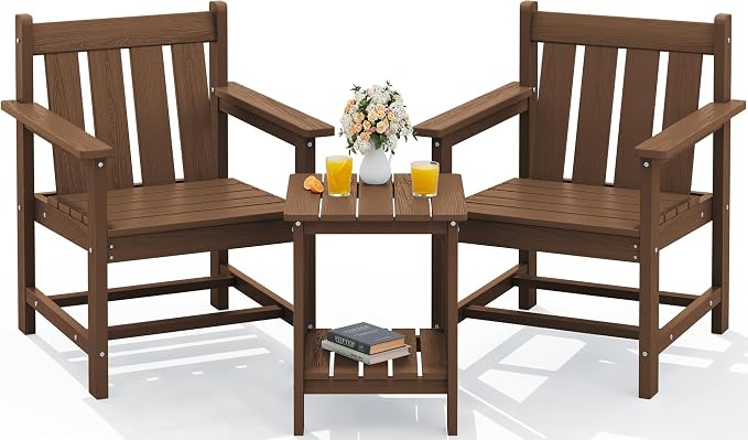 SEWRWALL 3 Pieces Patio Bistro Set, All Weather Adirondack Chair Set by SERWALL