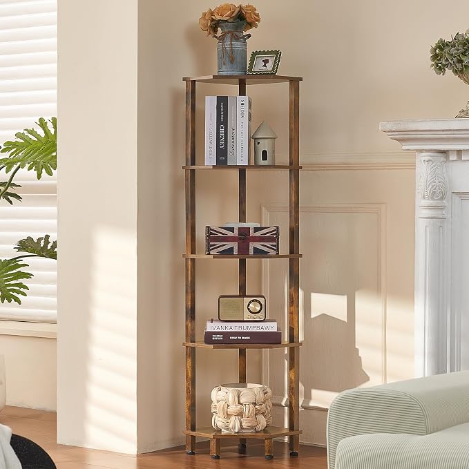 YUFAM 5-Tier Corner Shelf with Sturdy 5-Leg Base, Wooden Corner Bookshelf by YUFAM