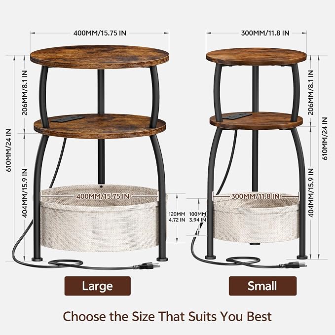 Round Side Table with Charging Station, USB Type C Port, 3 Tiers Sofa Couch - Image 3