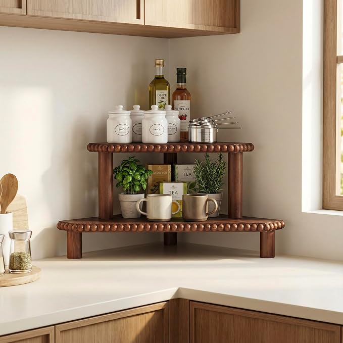 2-Tier Rustic Corner Shelf for Kitchen Counter, Wood Beaded Farmhouse - Image 4