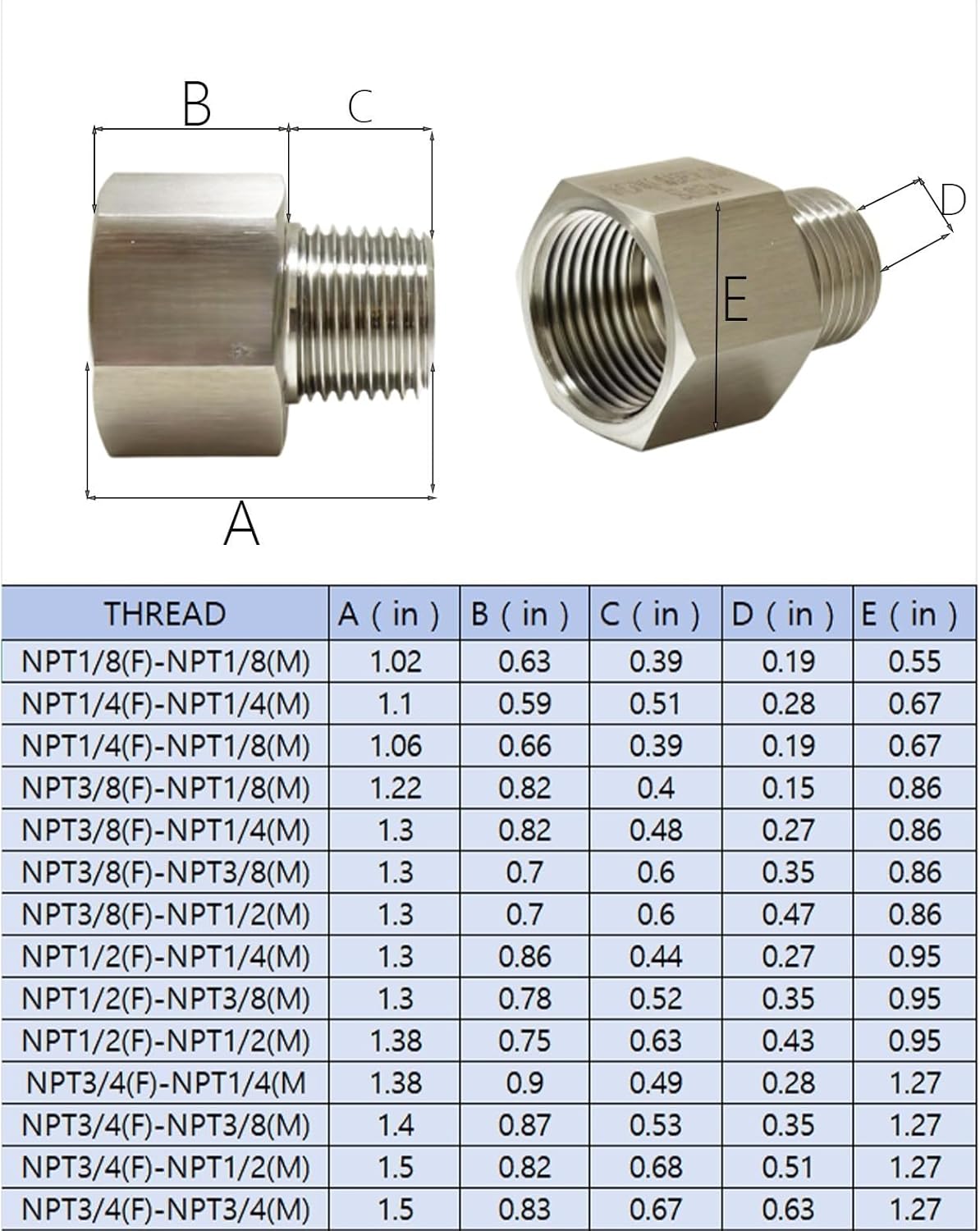 2 pieces Npt3/4 Female to Npt3/8Male Reducer,3/4-3/8Water pipe Adapter, Fabricate of 304 Stainless Steel