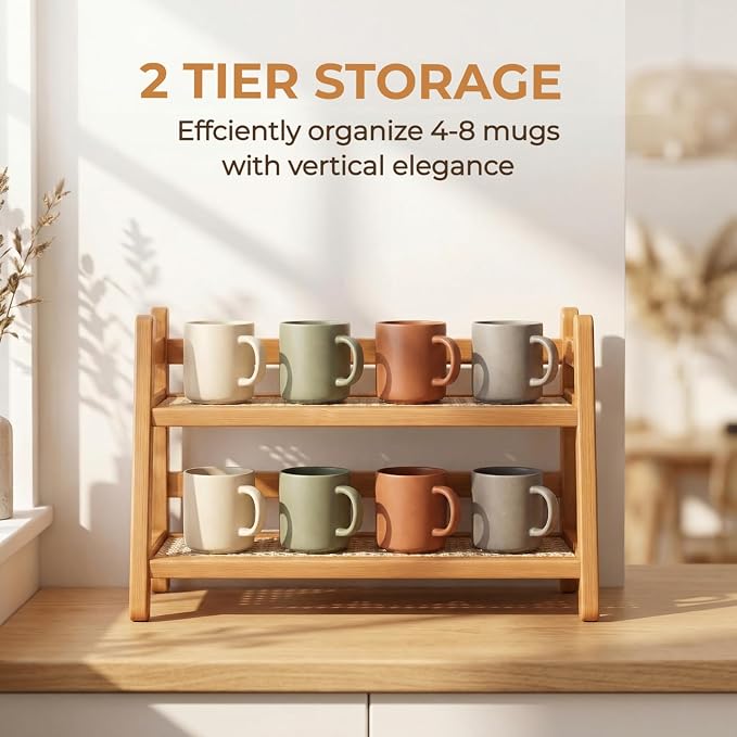 2-Tier Coffee Station Organizer, Bamboo Coffee Cup Holder - Image 4