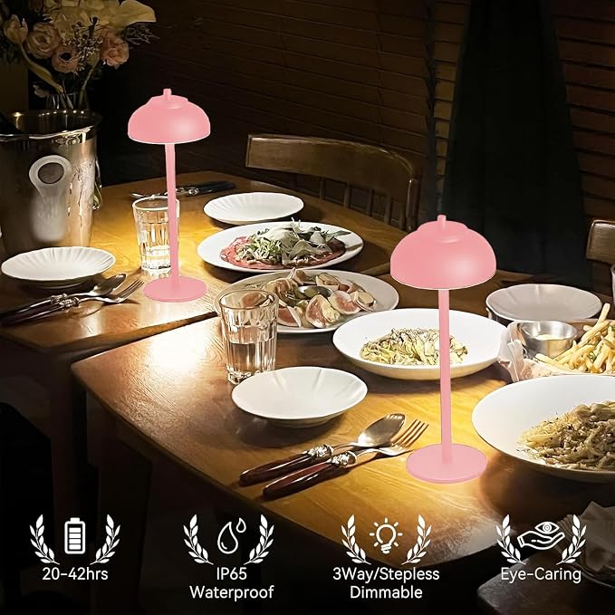 Pink Table Lamp Set of 2 Rechargeable, Table Lights Battery Operated-IP65 - Image 6