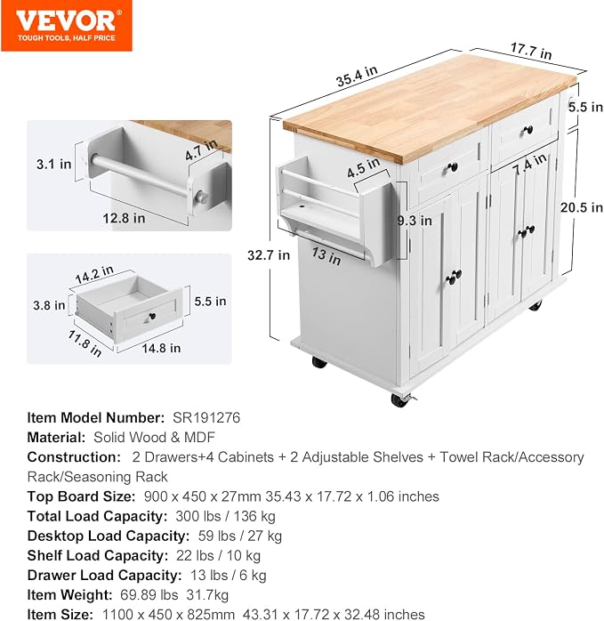 VEVOR Kitchen Island Cart with Solid Wood Top, 35.4" Width Mobile Carts with - Image 7