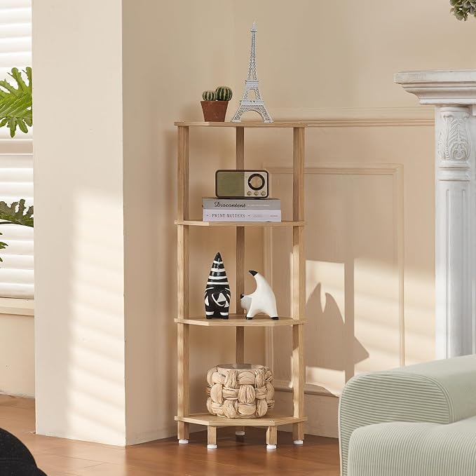 YUFAM 4-Tier Corner Shelf with Sturdy 5-Leg Base, Wooden Corner Bookshelf by YUFAM