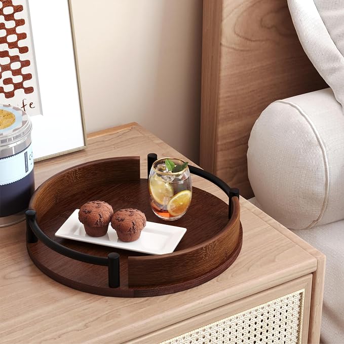 Fibogollo Bamboo Tray with Metal Handle, 9.84inches; Ottoman-Style Round - Image 2