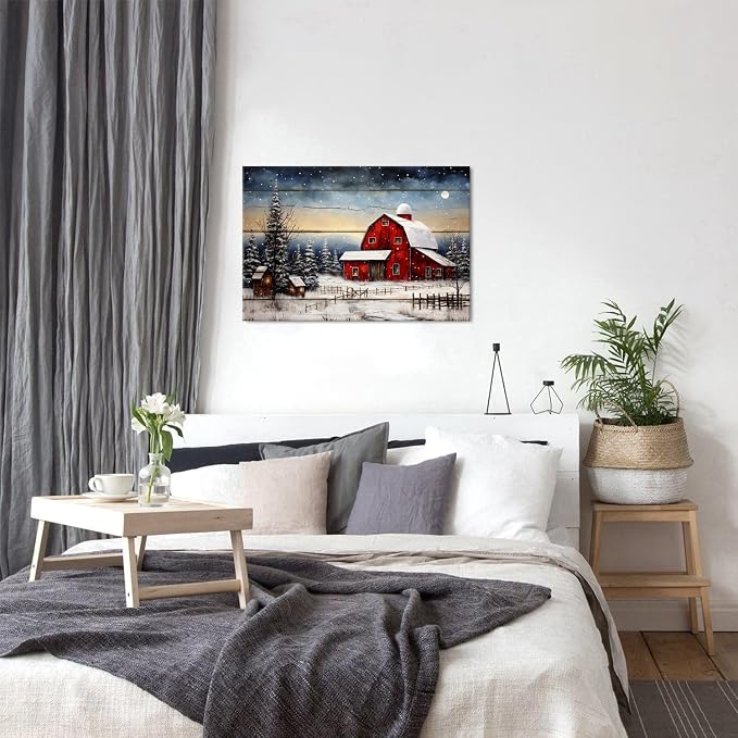 Red Barn Wall Art Snowy Winter Landscape Wall Art Christmas Home Decoration - Image 2