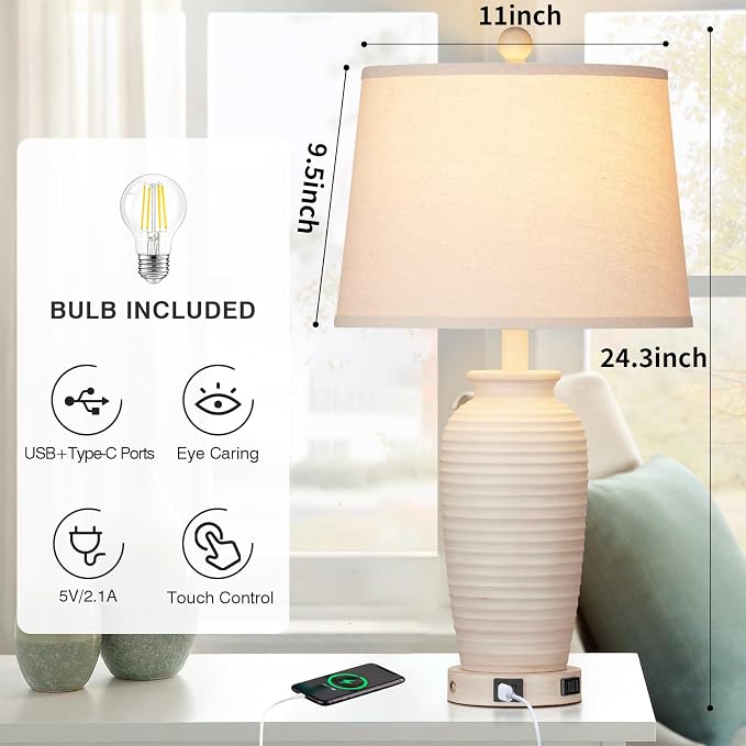 CINSARY 24.3" Farmhouse Jar Table Lamps Set of 2, 3 Way Touch Control Rustic - Image 2