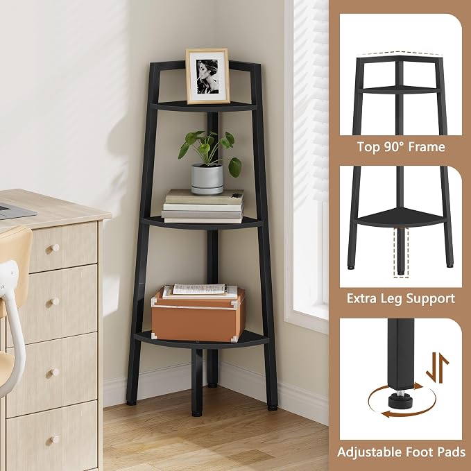 Hoctieon Corner Shelf, 3-Tier 40" Tall Corner Bookshelf, Rustic Ladder Shelf - Image 4