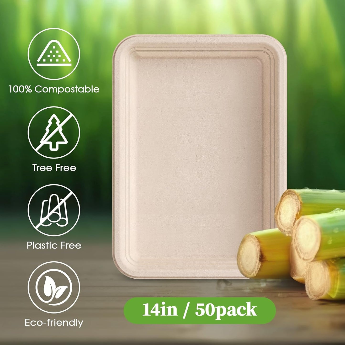 ECOLipak 50 Pack 14 Inch Disposable Food Crawfish Trays, Compostable Large Paper Plates, Disposable Thanksgiving Trays for Serving Food, Turkey, BBQ, Seafood Boil Party Supplies(Nature)