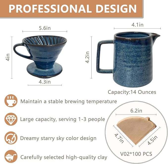 Ceramic Pour Over Coffee Maker Set, Starry Blue Coffee Dripper Cone - Image 7
