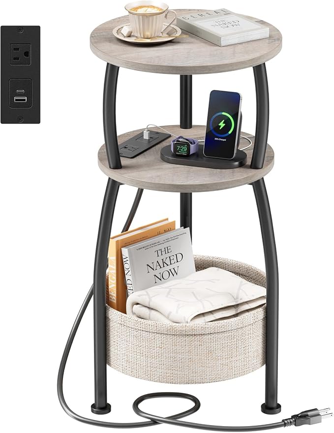 Small Side Table with Charging Station, Round End Table with Basket, USB Port by designyourhome