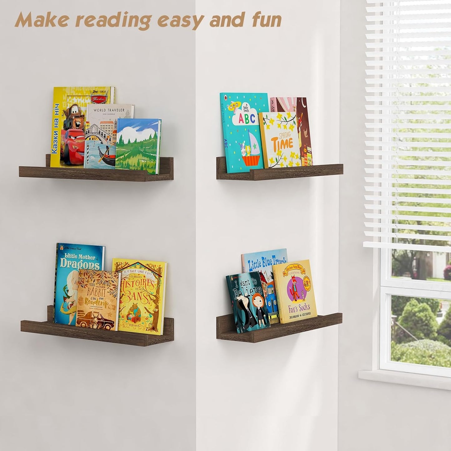 Forbena Wooden Floating Shelves with Lip for Wall, Dark Brown Picture Ledge Shelf for Books Photo Framses, Rustic Farmhouse Hanging Wall Shelves for Bedroom Office Kitchen (Set of 4, Solid Wood)