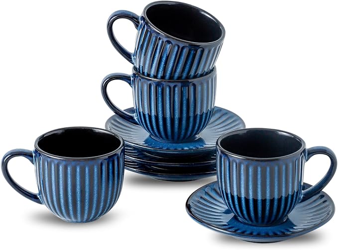 Hasense Ceramic Cappuccino Cups and Saucers Set of 4, Ribbed 6 Oz Demitasse Tea by Hasense