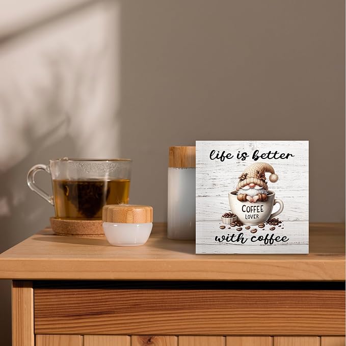 Rustic Coffee Gnomes Wood Box Sign Desk Decor, Coffee Lovers Gift Life Is Better - Image 2