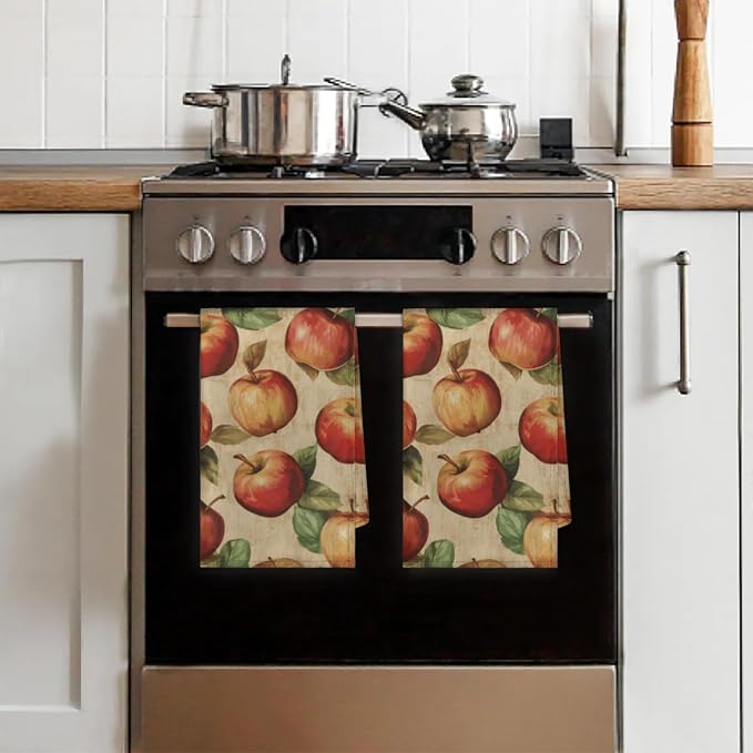 Vintage Apples Kitchen Towels Set of 2 Brown Fruits Dish Towels Bar Absorbent - Image 7