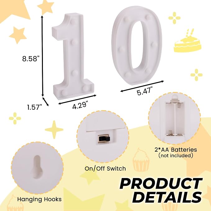 10th Birthday Decoration Light Up Letters, Battery Powered LED Numbers Marquee - Image 2