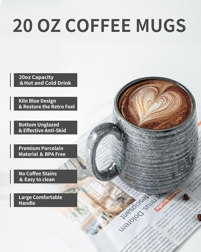 Hasense Large Coffee Cups Ceramic Set of 2, Porcealin 20 oz Coffee Mugs as - Image 7