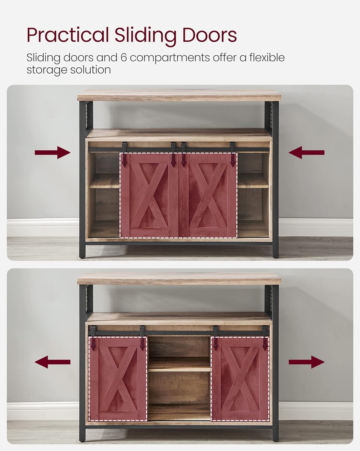 VASAGLE Buffet Cabinet, Coffee Bar Storage Cabinet, Sideboard with 2 Sliding Barn Doors, Adjustable Shelves, 13 x 39.4 x 31.5 Inches, for Living Room, Camel Brown and Ink Black ULSC092B50
