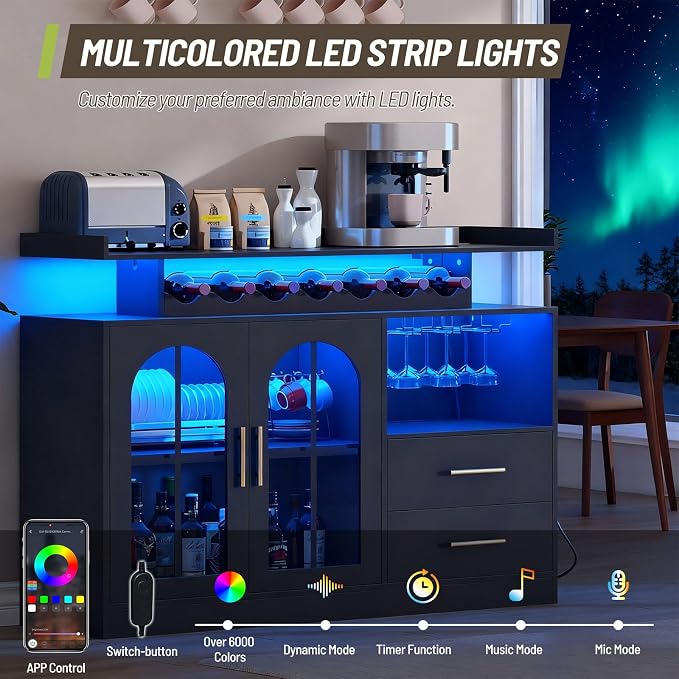 Wine Bar Cabinet with LED Lights & Charging, Modern Liquor Cabinets with 2 - Image 5