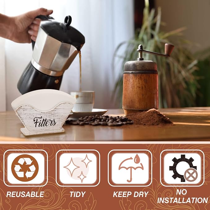 Juexica Farmhouse Cone Coffee Filter Holder Storage number 4 Rustic Wood Holder - Image 5
