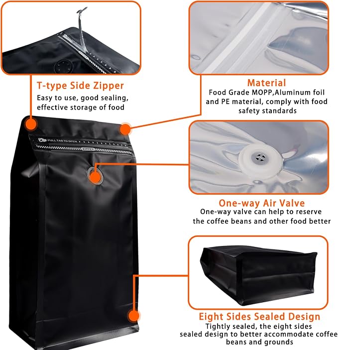 Coffee Bags with Valve Black High Barrier Aluminum Foil Flat Bottom Standing - Image 2