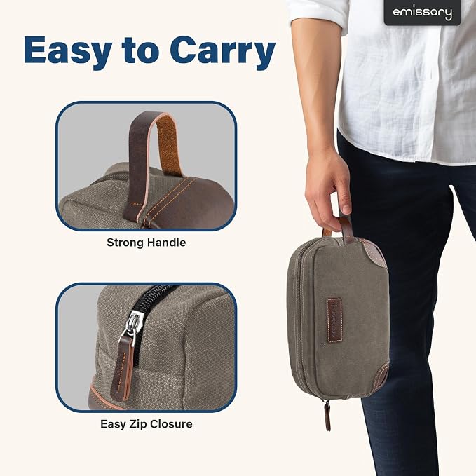 emissary Men's Canvas Travel Toiletry Bag, Leather Dopp Kit - Image 3