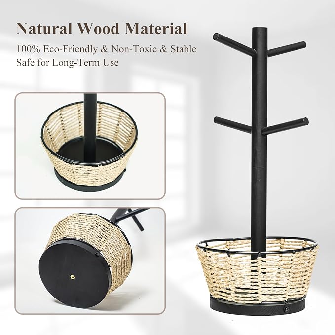 Wood Mug Holder Tree With Woven Basket, 4 Hooks Coffee Mug Holder, Countertop - Image 5