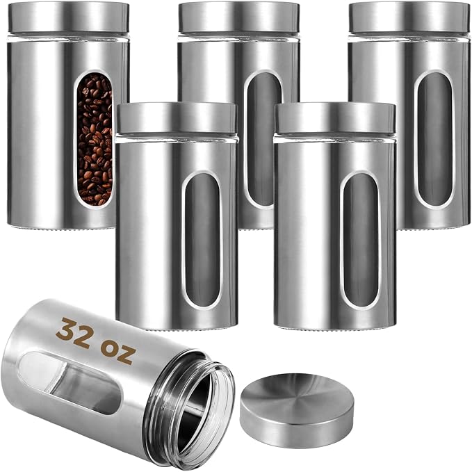 6 PCS Stainless Steel Glass Canisters, 32 oz Large Coffee Jar by Unknown
