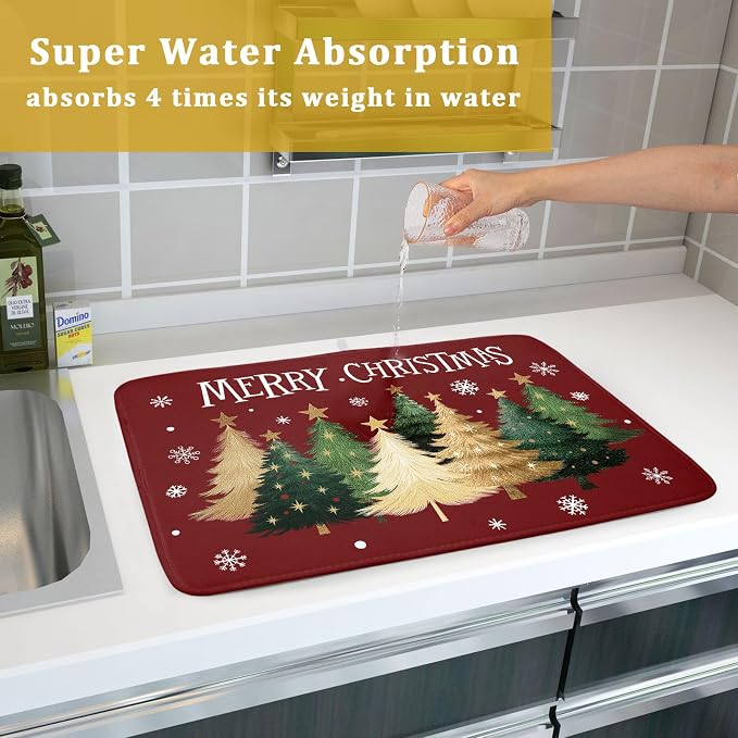 Xmas Tree Red Dish Drying Mat for Kitchen Counter, Winter Snowflake Drying Mat - Image 7