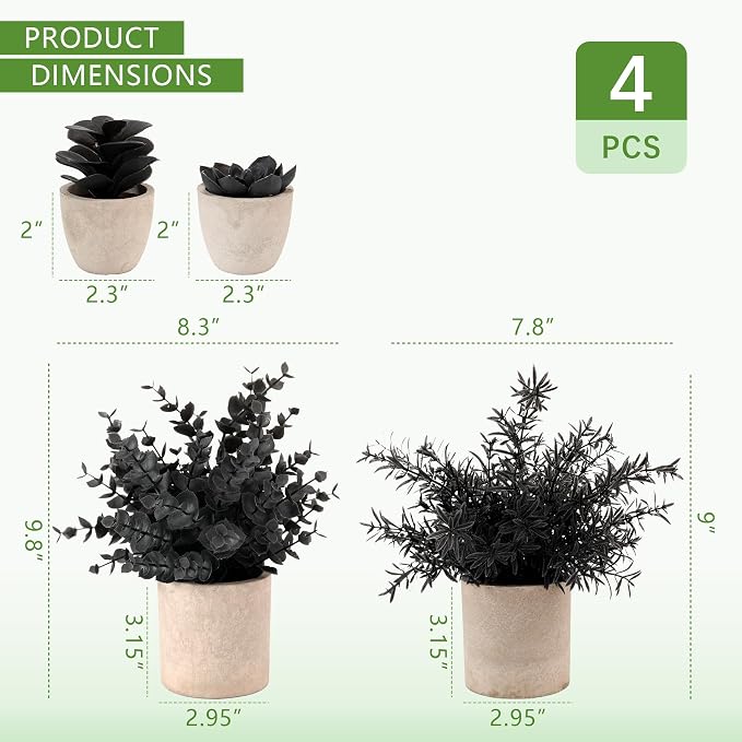 ALAGIRLS 4 Packs Fake Plants Small Artificial Plants Indoor Black Eucalyptus - Image 2