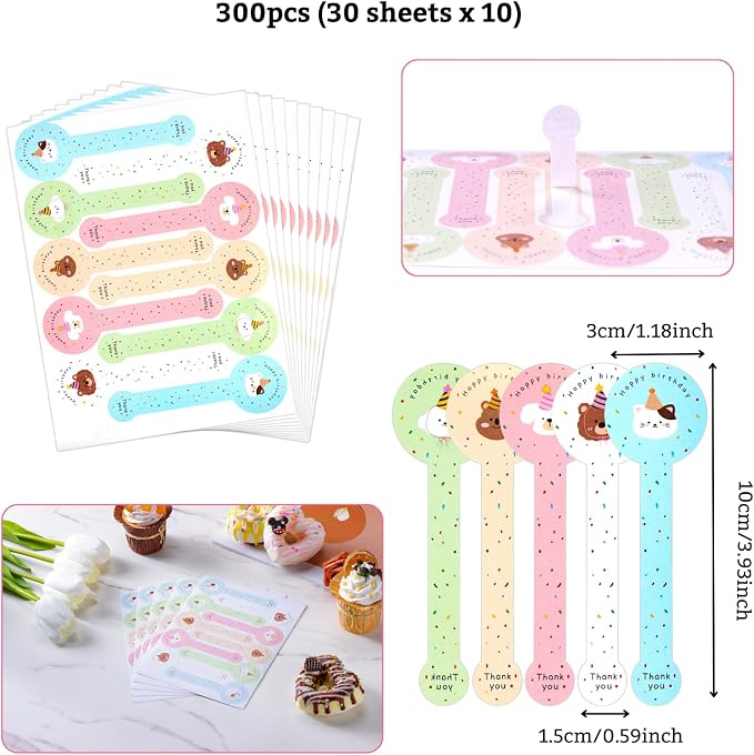 300pcs Happy Birthday Handmade Lollipop Baking Stickers - Image 2