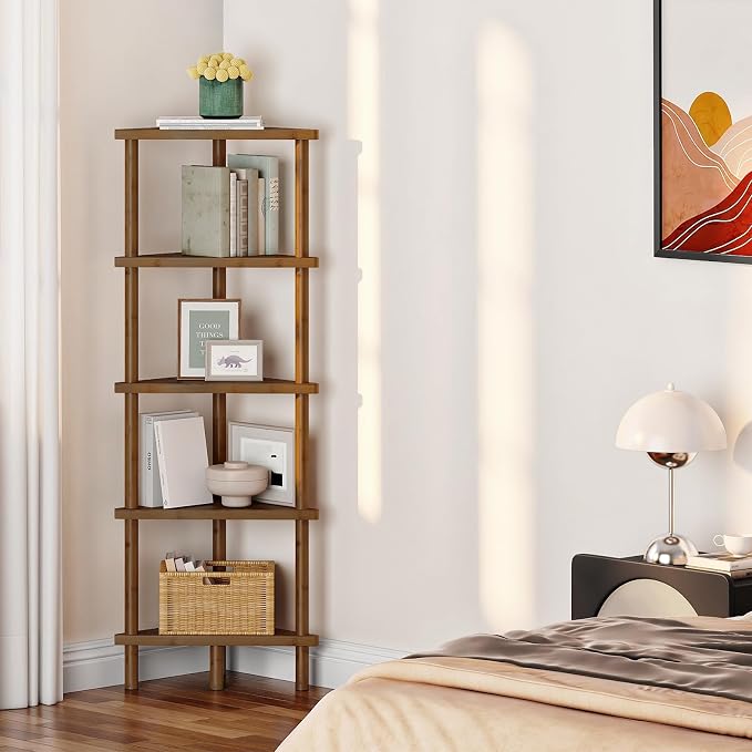 HOOBRO Corner Shelf Stand, 5-Tier Bamboo Corner Bookshelf, Plant Display Shelf - Image 7